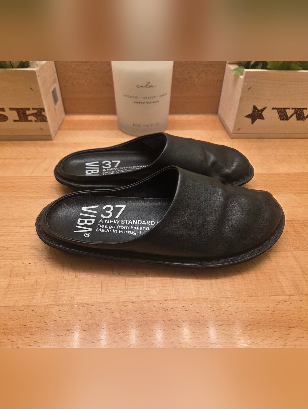 VIBAE Roma Leather Slip-On Mules Comfort Shoes Black Size 37
